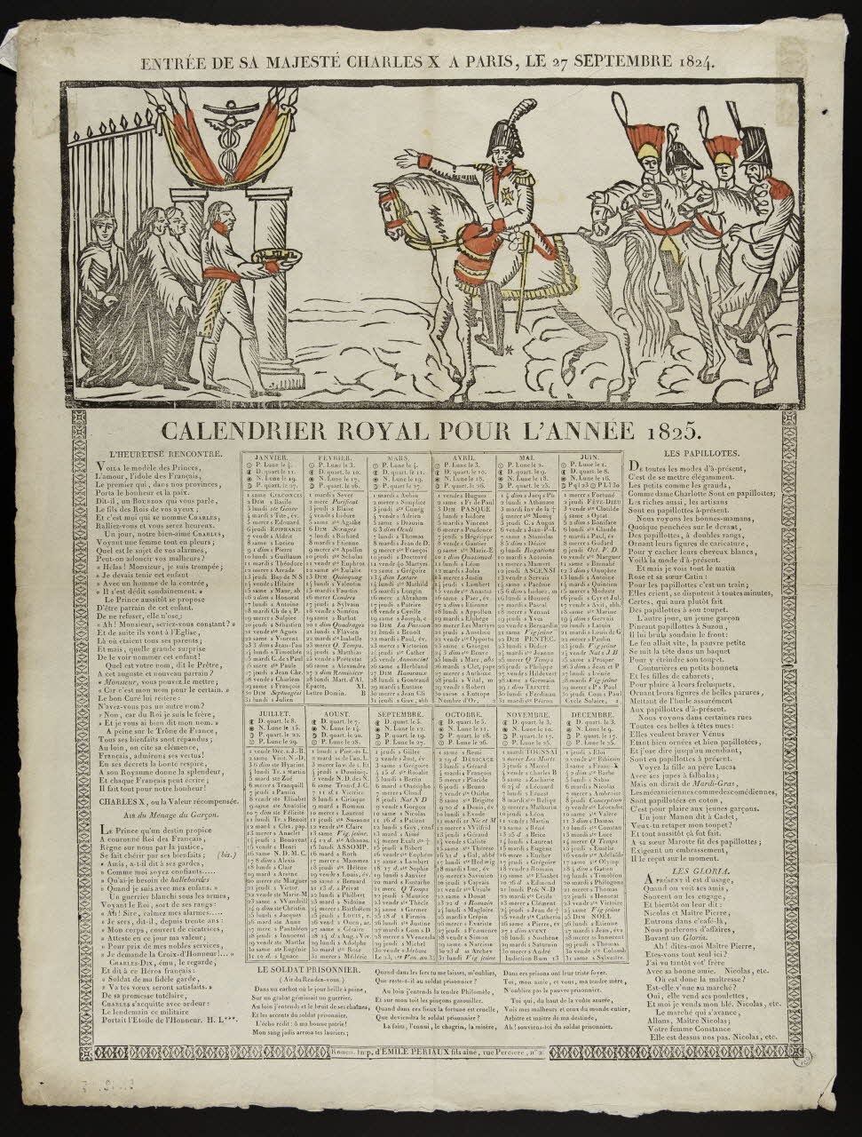 Emile Périaux imagerie ancienne ENTREE DE SA MAJESTE CHARLES X A PARIS, LE 27 SEPTEMBRE 1824.  CALENDRIER ROYAL POUR L'ANNEE 1825. Rouen 1824 1953.12.85 Photo