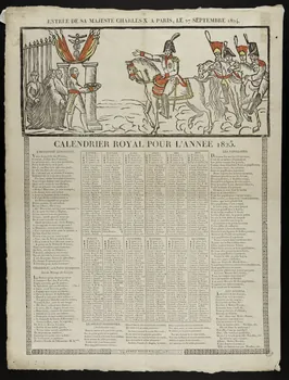 Emile Périaux imagerie ancienne ENTREE DE SA MAJESTE CHARLES X A PARIS, LE 27 SEPTEMBRE 1824.  CALENDRIER ROYAL POUR L'ANNEE 1825. Rouen 1824 1953.12.85 Photo