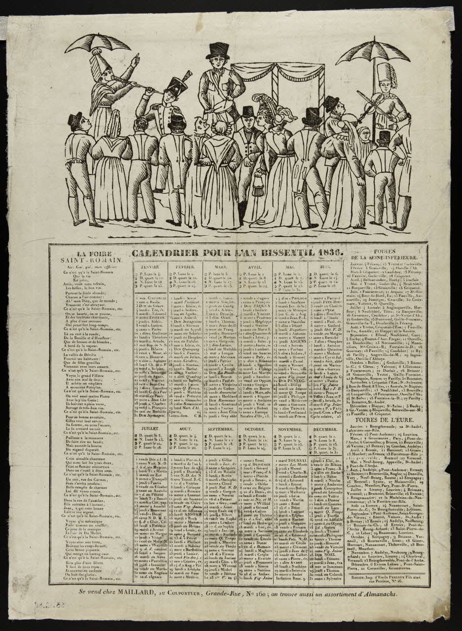 Maillard ; Emile Périaux calendrier CALENDRIER POUR L'AN BISSEXTIL 1836. Rouen 1835 1953.12.89 Photo