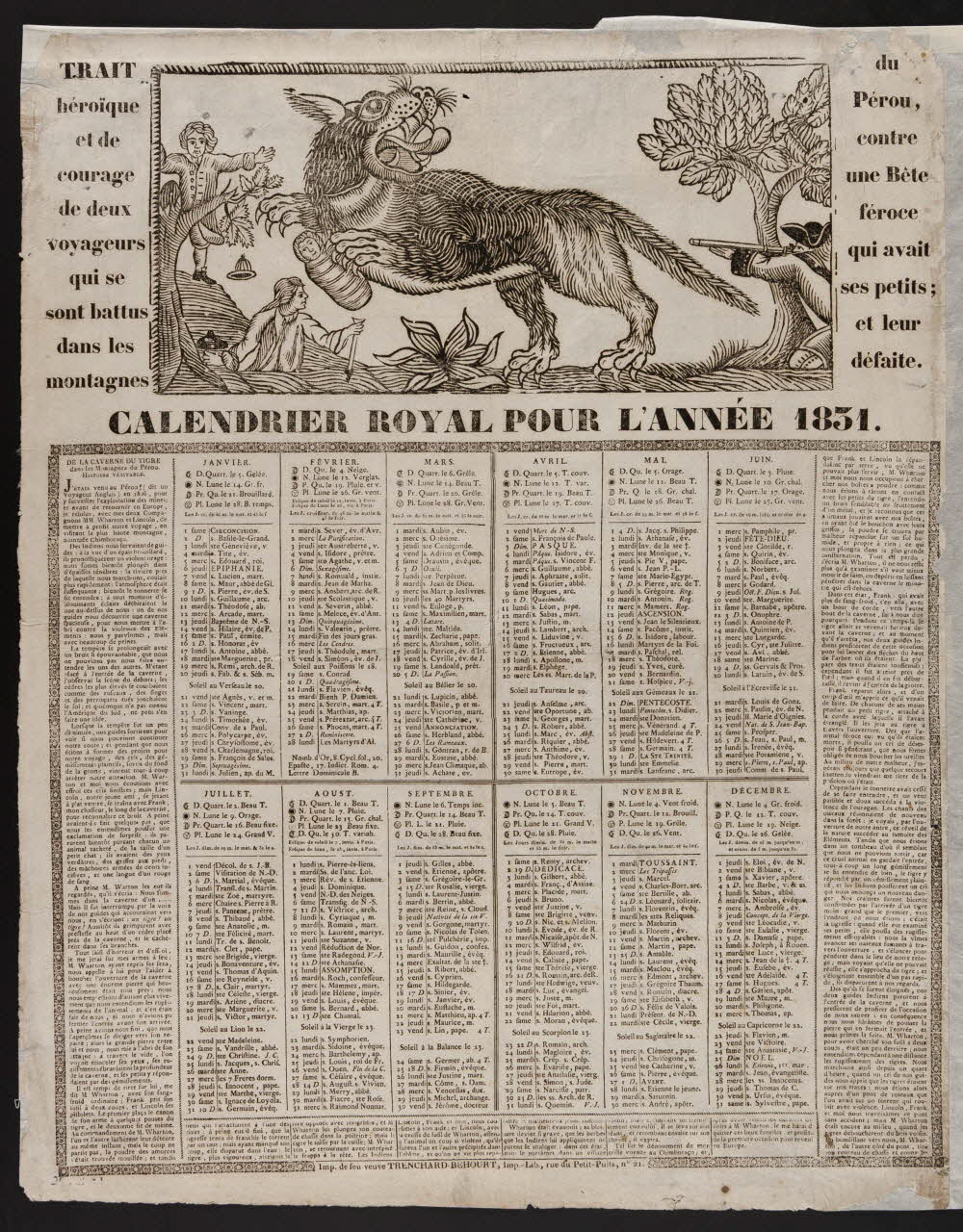 Trenchard-Béhourt veuve ; Trenchard-Béhourt veuve (imprimeur imagerie ancienne CALENDRIER ROYAL POUR L'ANNEE 1831. Rouen 1831 1953.12.92 Photo