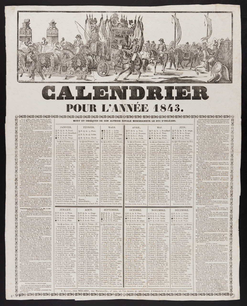imagerie ancienne CALENDRIER  POUR L'ANNEE 1843. 1953.12.93 Photo