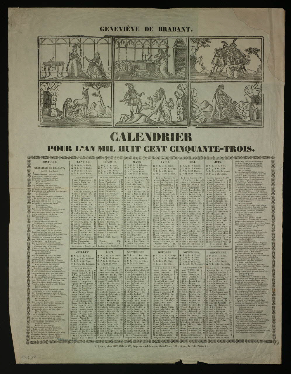P. Dubuc ; Sébastien Mégard calendrier GENEVIEVE DE BRABANT.  CALENDRIER Rouen 1852 1953.12.94 Photo