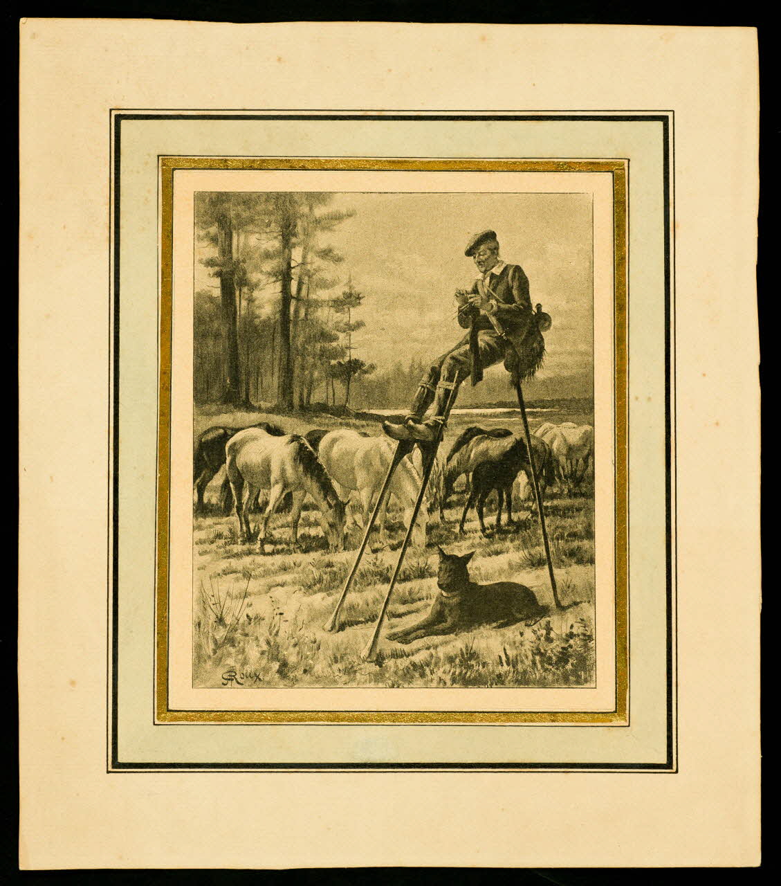 estampe Homme assis sur des échasses surveillant un troupeau de chevaux D1953.15.146 Photo