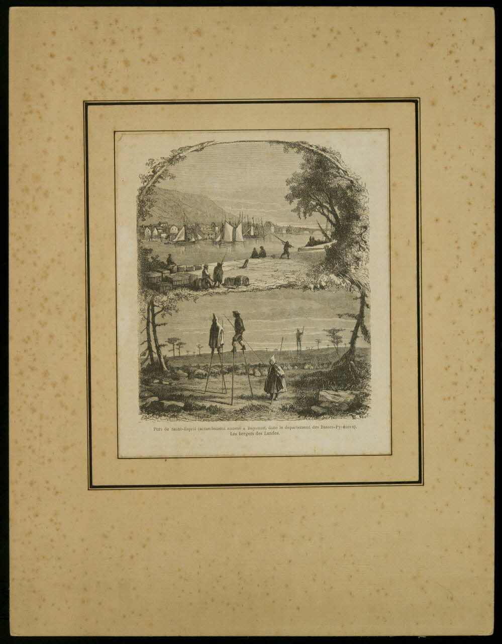 estampe Port de Saint-Esprit (actuellement annexé à Bayonne, dans le département des Basses-Pyrénées).  Les bergers des Landes. D1953.15.147 Photo