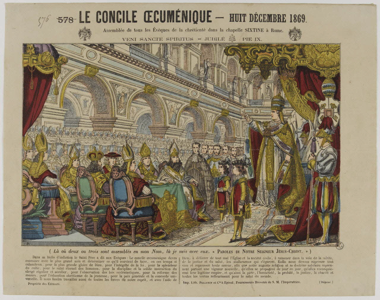 estampe LE CONCILE OECUMENIQUE - HUIT DECEMBRE 1869.  Assemblée de tous les Evèques de la chrétienté dans la chapelle SIXTINE à Rome.  VENI SANCTE SPIRITUS - JUBILE PIE IX. 1953.86.4760 Photo RMN-Grand Palais (Mucem)