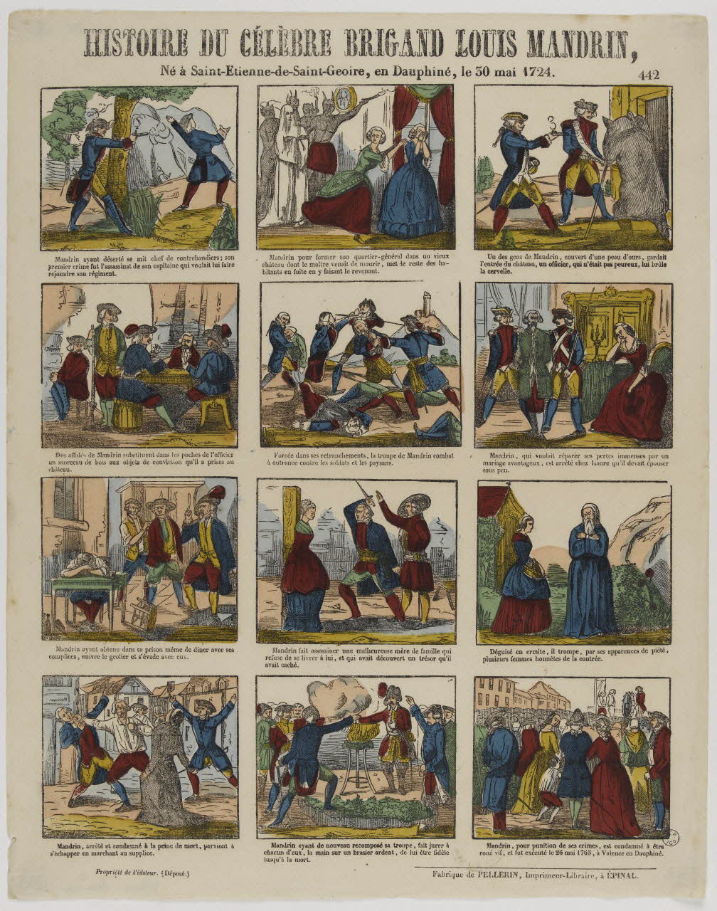 à compartiments (3x4) HISTOIRE DU CELEBRE BRIGAND LOUIS MANDRIN,  Né à Saint-Etienne-de-Saint-Geoire, en Dauphiné, le 30 mai 1724. 1953.86.5098 Photo RMN-Grand Palais (Mucem)