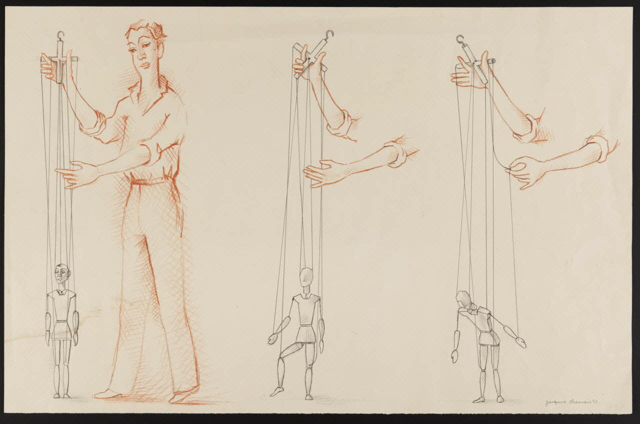 Jacques Chesnais dessin Manipulation d'une marionnette à fil 1952 1953.3.1 Photo