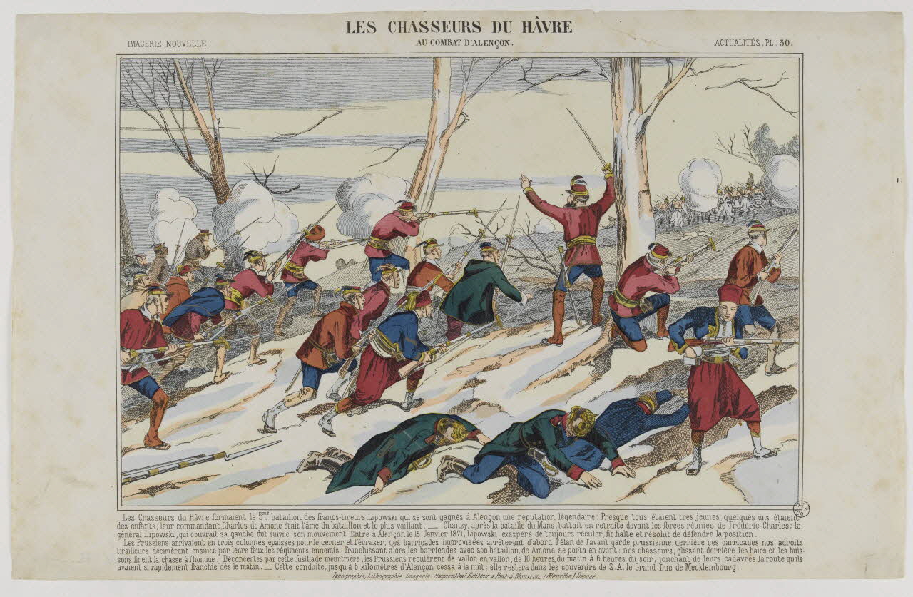 Elie Haguenthal estampe LES CHASSEURS DU HÂVRE  AU COMBAT D'ALENÇON. Pont-à-Mousson 1870-1880 1953.86.1143 Photo RMN-Grand Palais (Mucem)