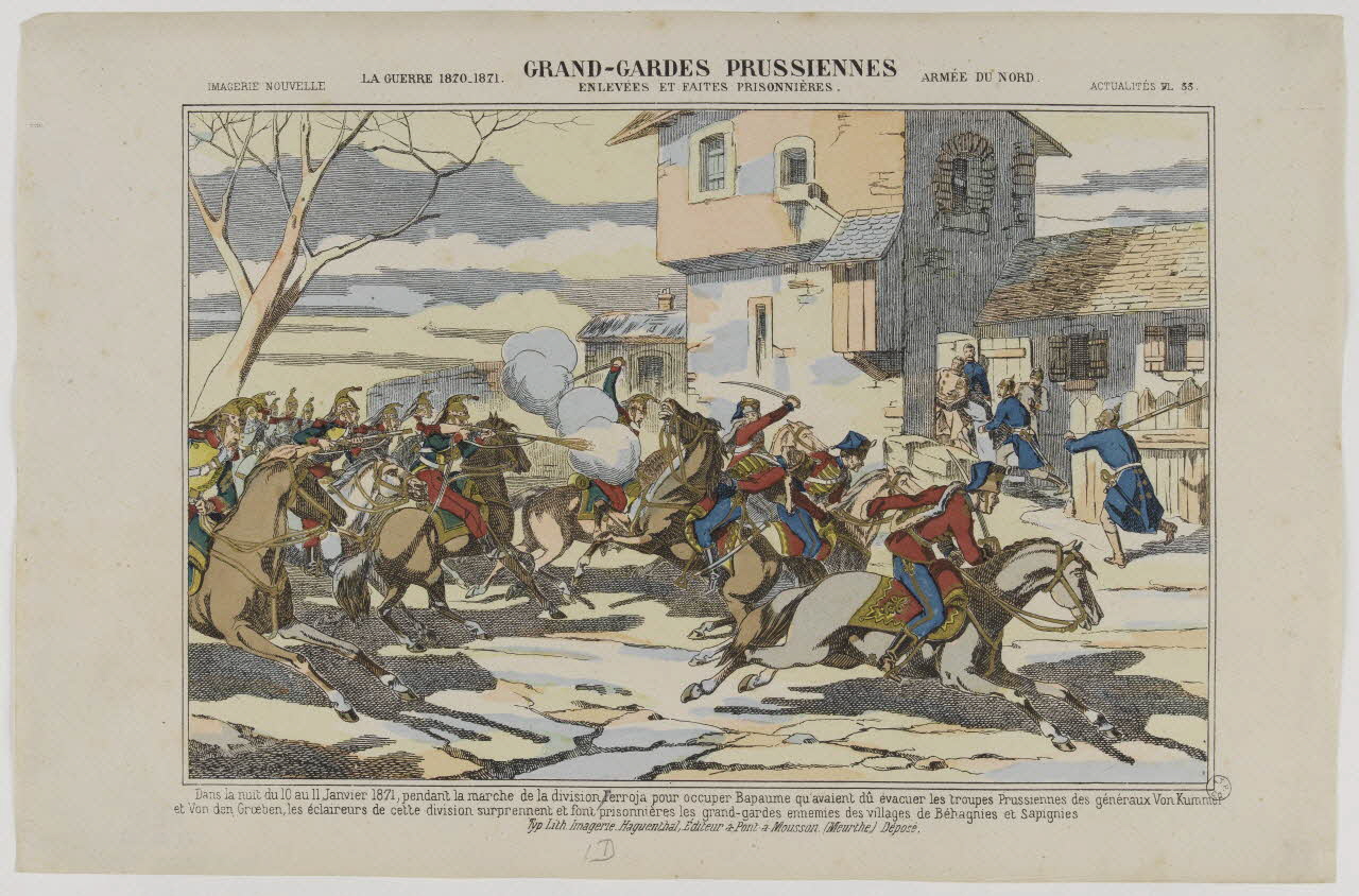 Elie Haguenthal estampe LA GUERRE 1870-1871.  GRAND-GARDES PRUSSIENNES  ENLEVÉES ET FAITES PRISONNIÈRES.  ARMÉE DU NORD Pont-à-Mousson 1870-1880 1953.86.1150  Photo RMN-Grand Palais (Mucem)