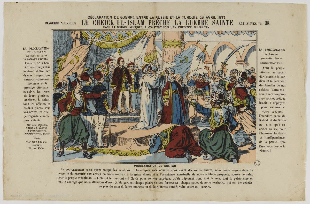 estampe DECLARATION DE GUERRE ENTRE LA RUSSIE ET LA TURQUIE, 23 AVRIL 1877  LE CHEICK UL-ISLAM PRECHE LA GUERRE SAINTE  DANS LA GRANDE MOSQUEE DE CONSTANTINOPLE, EN PRESENCE DU SULTAN 1953.86.912 Photo RMN-Grand Palais (Mucem)