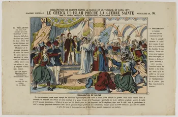 estampe DECLARATION DE GUERRE ENTRE LA RUSSIE ET LA TURQUIE, 23 AVRIL 1877  LE CHEICK UL-ISLAM PRECHE LA GUERRE SAINTE  DANS LA GRANDE MOSQUEE DE CONSTANTINOPLE, EN PRESENCE DU SULTAN 1953.86.912  Photo RMN-Grand Palais (Mucem)