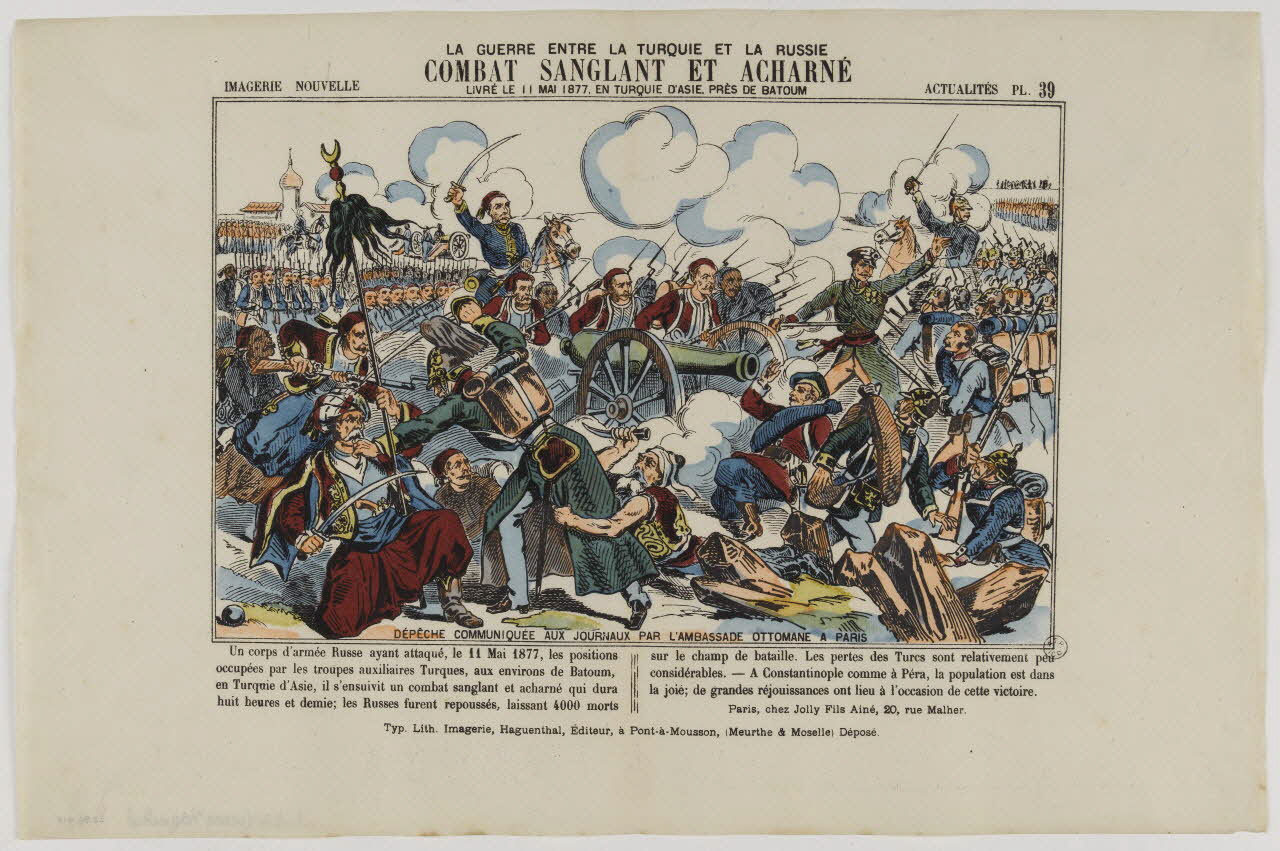estampe LA GUERRE ENTRE LA TURQUIE ET LA RUSSIE  COMBAT SANGLANT ET ACHARNE  LIVRE LE 11 MAI 1877, EN TURQUIE D'ASIE, PRES DE BATOUM 1953.86.913 Photo RMN-Grand Palais (Mucem)