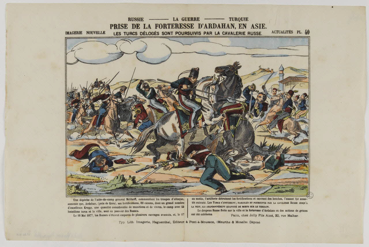estampe RUSSIE - LA GUERRE - TURQUIE  PRISE DE LA FORTERESSE D'ARDAHAN, EN ASIE.  LES TURCS DELOGES SONT POURSUIVIS PAR LA CAVALERIE RUSSE. 1953.86.914 Photo RMN-Grand Palais (Mucem)
