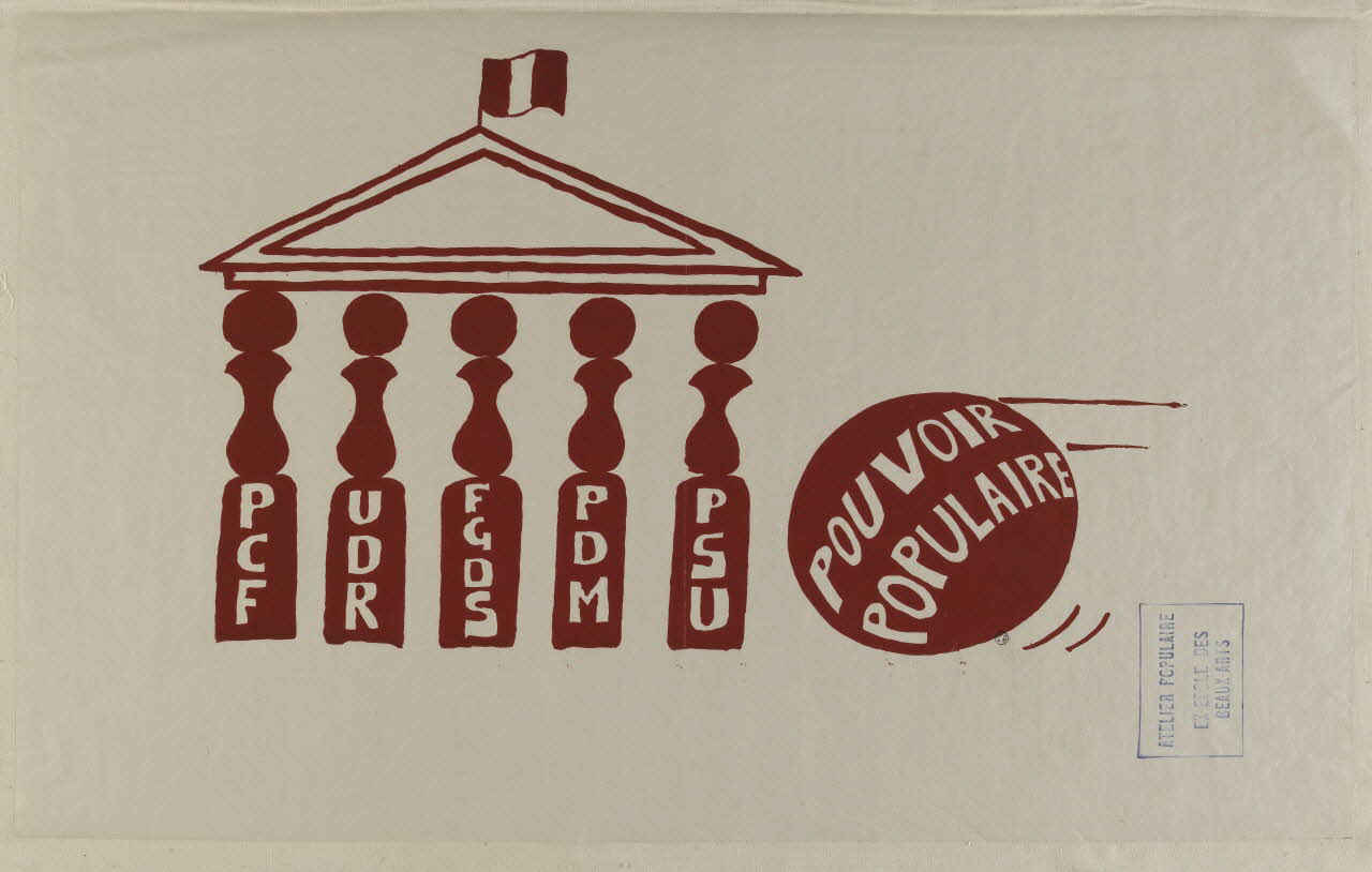 Atelier populaire de l'École nationale supérieure des beaux arts. Paris affiche PCF  UDR  FGDS  PDM  PSU  POUVOIR  POPULAIRE Ile-de-France, France 1968 1968.48.15 Photo RMN-Grand Palais (Mucem)