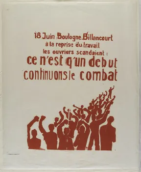 Atelier populaire de l'École nationale supérieure des beaux arts. Paris affiche 18 Juin : Boulogne-Billancourt à la reprise du travail les ouvriers scandaient : ce n'est qu'un début continuons le combat Ile-de-France, France 1968 1968.48.25 Photo RMN-Grand Palais (Mucem)