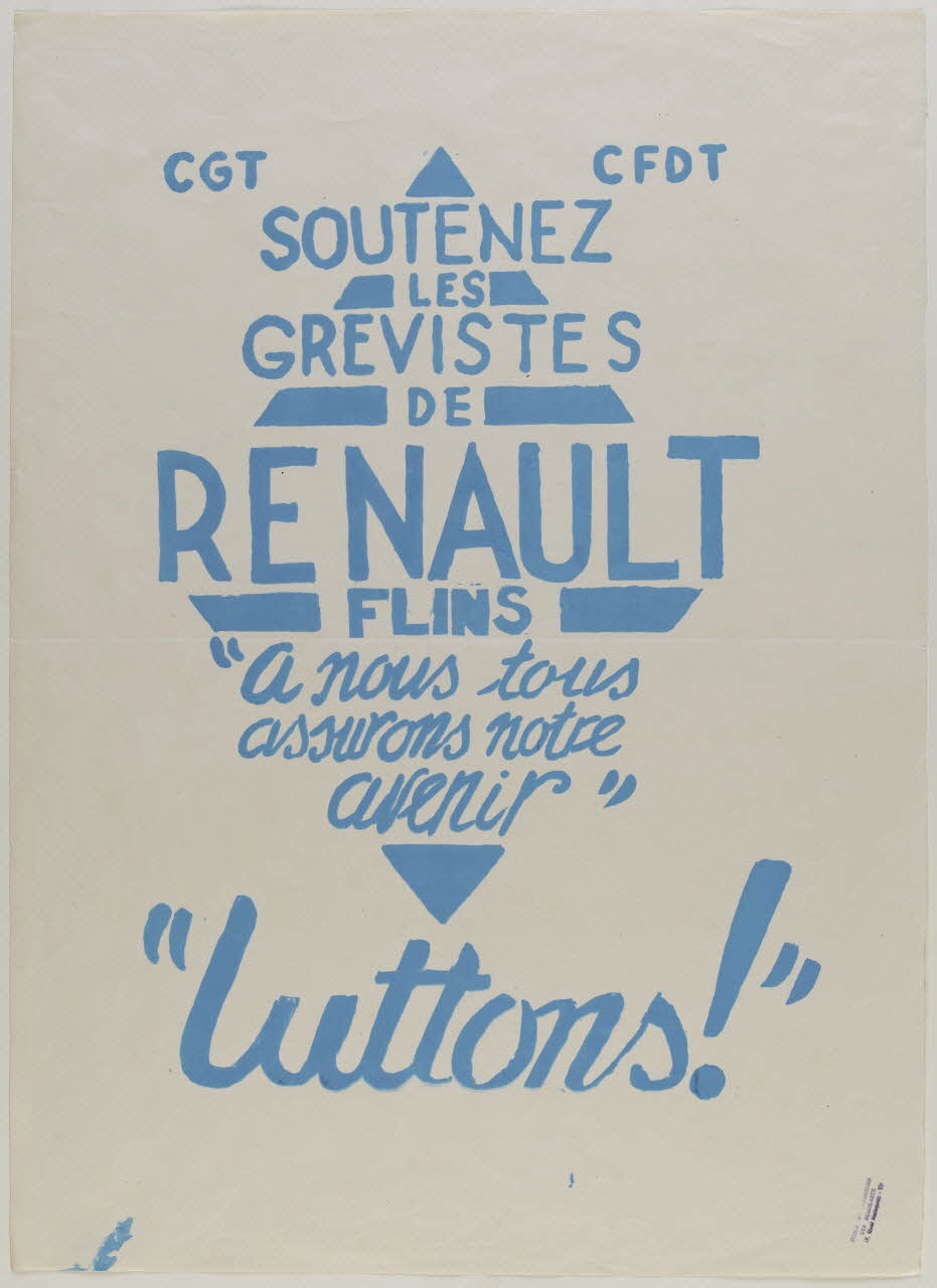 Atelier populaire de l'École nationale supérieure des beaux arts. Paris affiche SOUTENEZ  LES  GREVISTES  DE  RENAULT  FLINS Ile-de-France, France 1968 1968.48.60 Photo RMN-Grand Palais (Mucem)