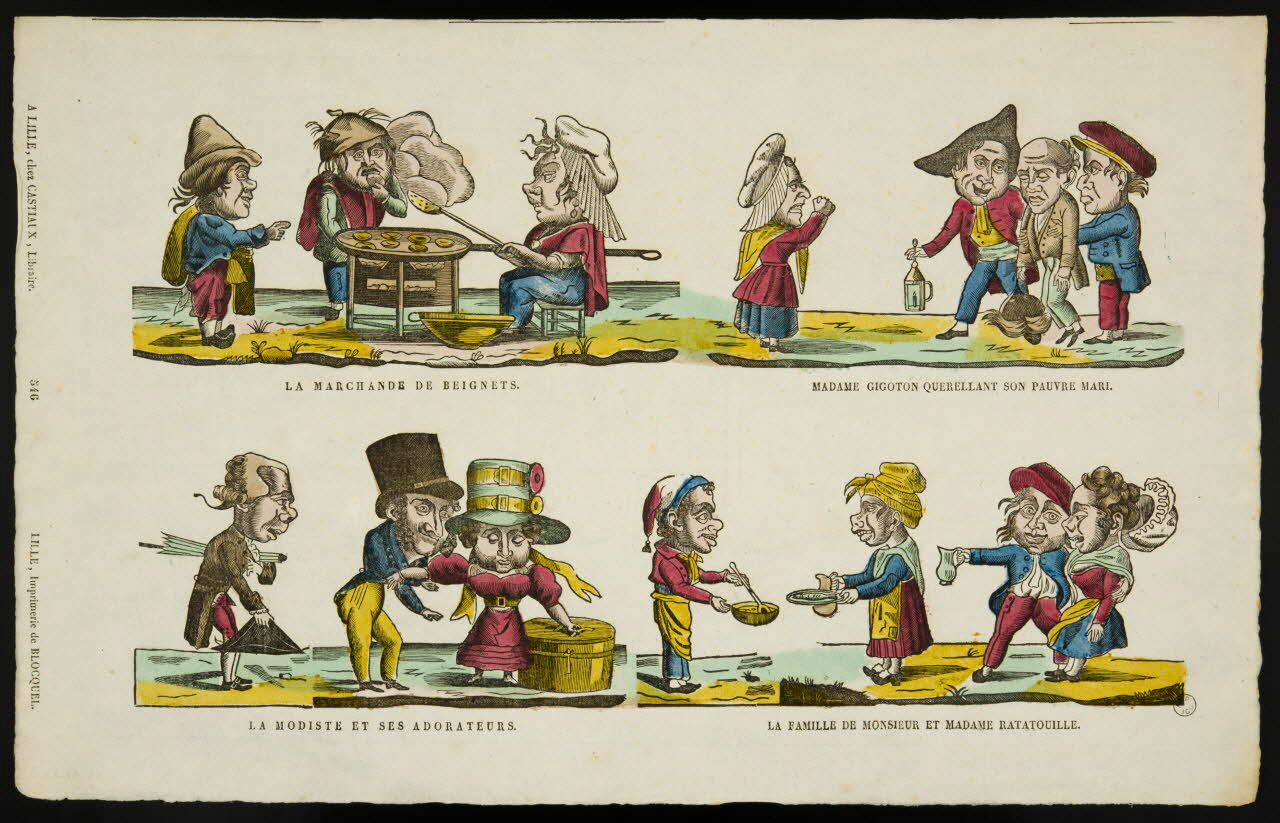 imagerie ancienne LA MARCHANDE DE BEIGNETS.  MADAME GIGOTON QUERELLANT SON PAUVRE MARI.  LA MODISTE ET SES ADORATEURS.  LA FAMILLE DE MONSIEUR ET MADAME RATATOUILLE. 1953.41.234 Photo