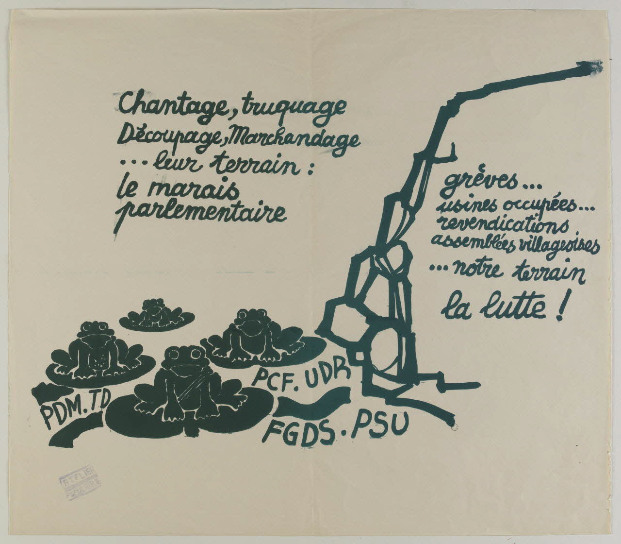 Atelier populaire de l'École nationale supérieure des beaux arts. Paris affiche Chantage, truquage  Découpage, marchandage  (…)  la lutte ! Paris 1968 1971.15.1 Photo RMN-Grand Palais (Mucem)
