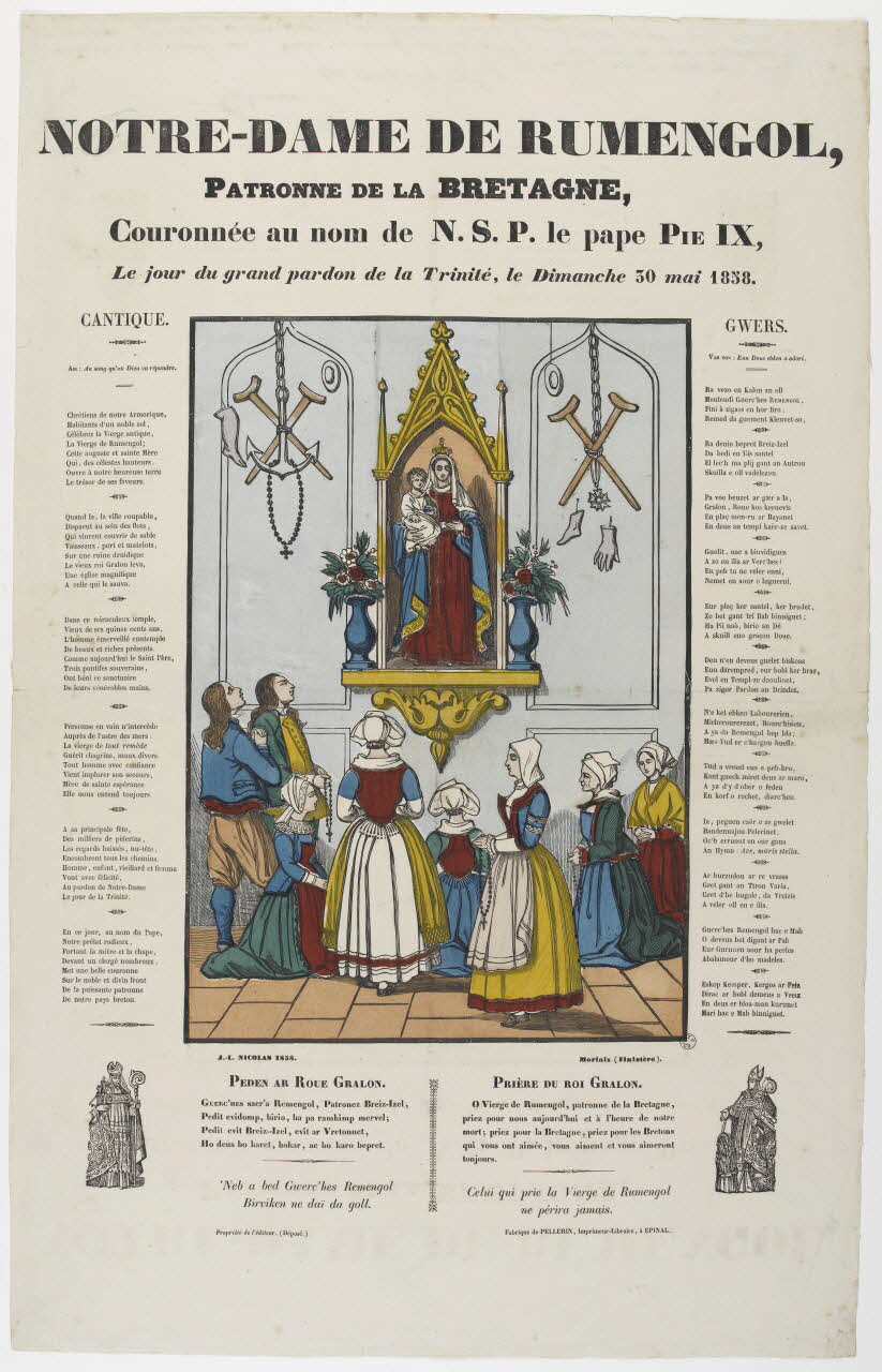 estampe NOTRE-DAME DE RUMENGOL,  PATRONNE DE LA BRETAGNE,  Couronnée au nom de N.S.P. le pape PIE IX,  Le jour du grand pardon de la Trinité, le Dimanche 30 mai 1858. 1953.86.146 Photo RMN-Grand Palais (Mucem)