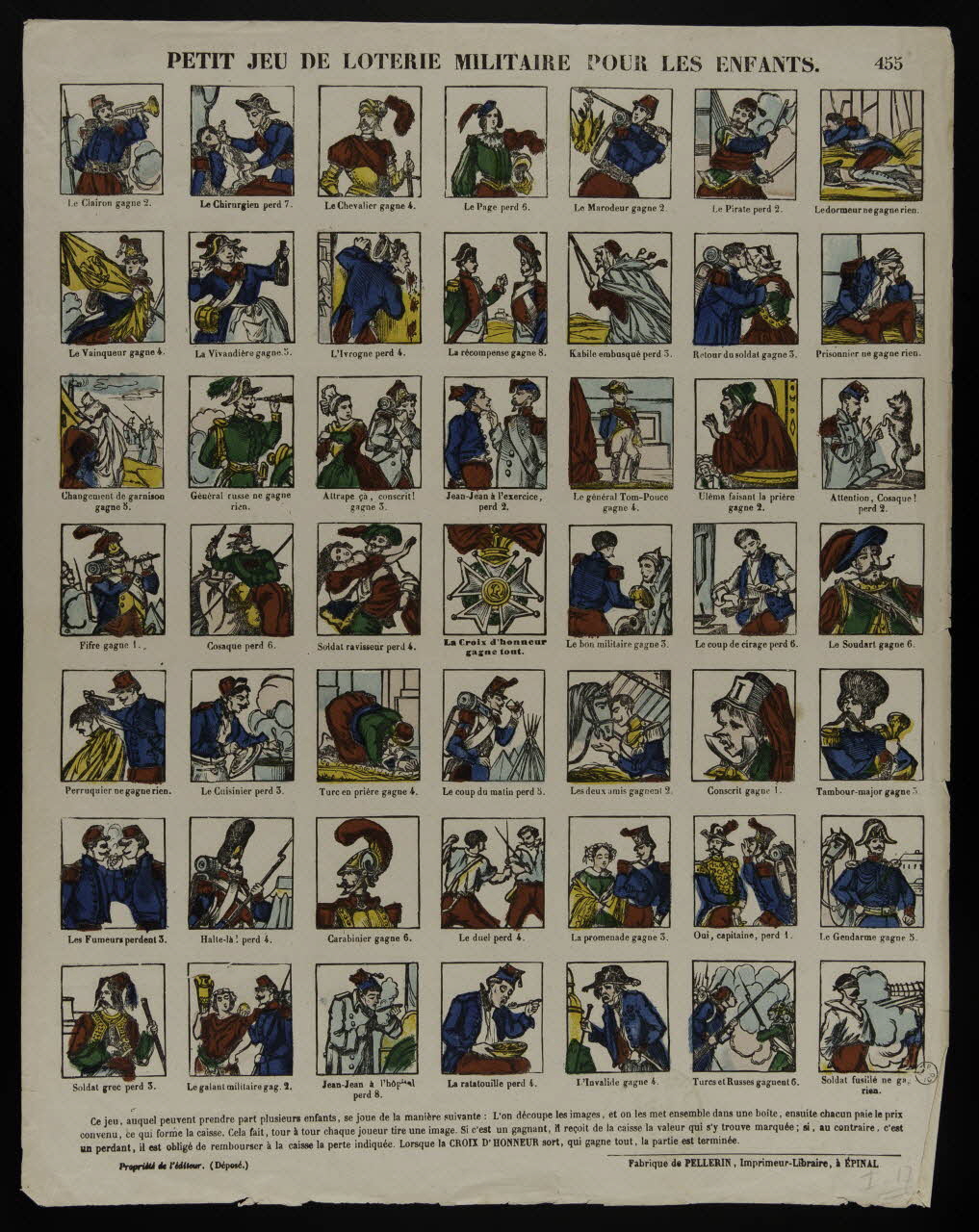estampe PETIT JEU DE LOTERIE MILITAIRE POUR LES ENFANTS. 1953.41.333 Photo