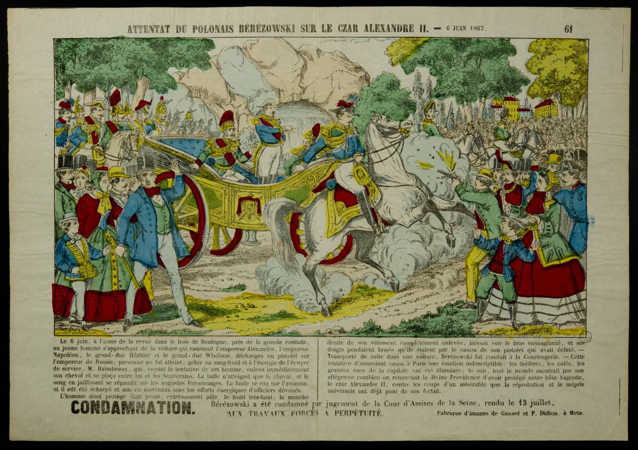 Gangel et Didion estampe ATTENTAT DU POLONAIS BEREZOWSKI SUR LE CZAR ALEXANDRE II. Metz 1858-1868 1953.41.65 Photo