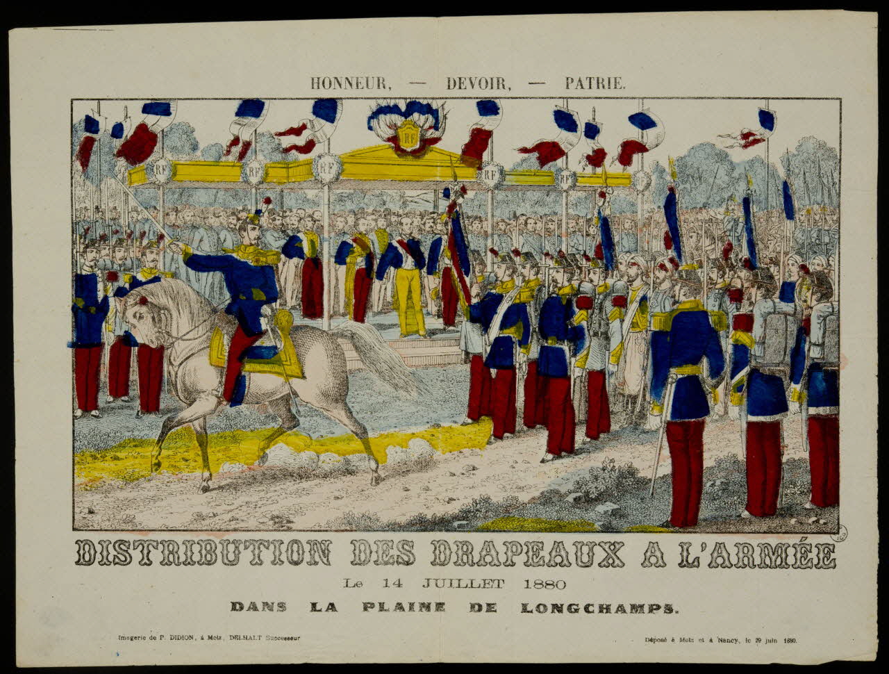 Paulin Didion estampe HONNEUR, - DEVOIR, - PATRIE.  DISTRIBUTION DES DRAPEAUX A L'ARMEE Metz 1869-1879 1953.41.67 Photo