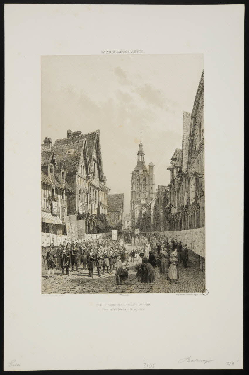 estampe RUE DU COMMERCE ET EGLISE STE. CROIX.  Procession de la Fête-Dieu à Bernay. (Eure) 1953.51.4 Photo