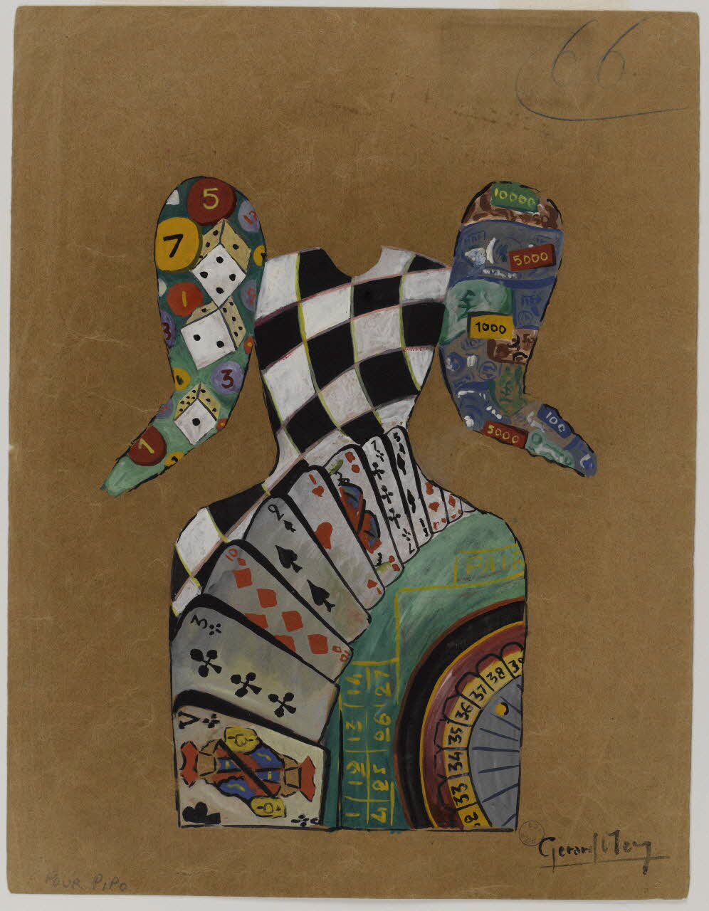 Gérard Vicaire élément d'ensemble Costume de clown avec jeu de cartes, dés, damier et roulette 1947 1997.59.32 Photo RMN-Grand Palais (Mucem)