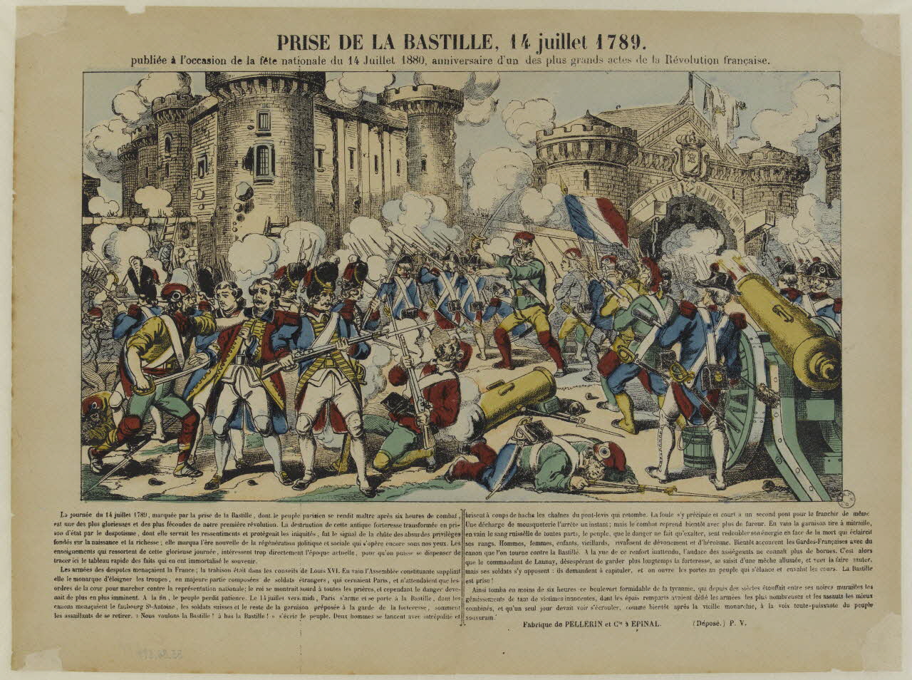 estampe PRISE DE LA BASTILLE, 14 juillet 1789.  publiée à l'occasion de la fête nationale du 14 Juillet 1880, anniversaire d'un des plus grands actes de la Révolution française. 1953.86.599 Photo RMN-Grand Palais (Mucem)