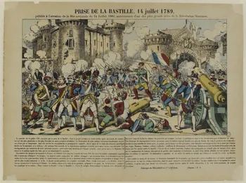 estampe PRISE DE LA BASTILLE, 14 juillet 1789.  publiée à l'occasion de la fête nationale du 14 Juillet 1880, anniversaire d'un des plus grands actes de la Révolution française. 1953.86.599  Photo RMN-Grand Palais (Mucem)