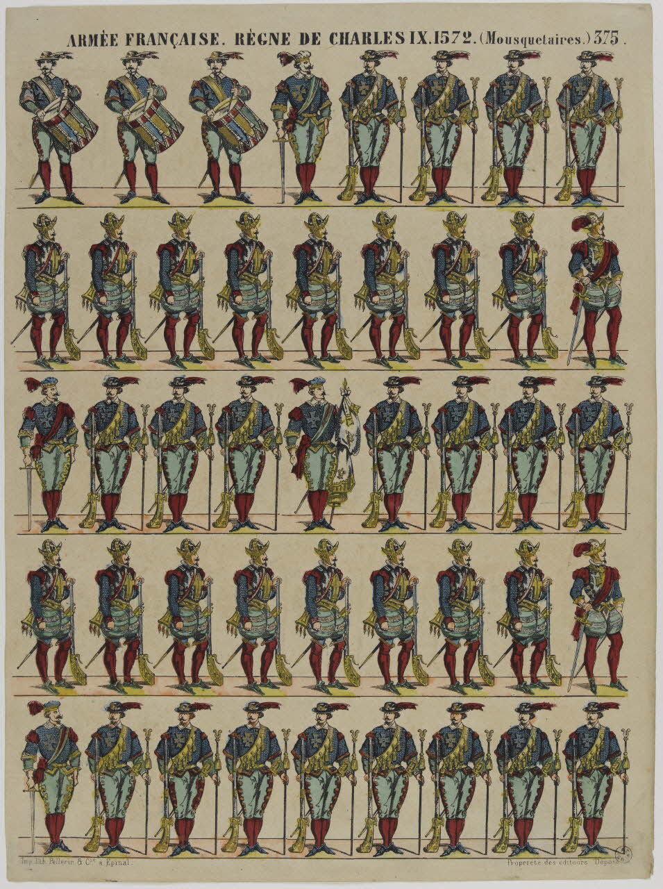 estampe ARMEE FRANCAISE. REGNE DE CHARLES IX.1572.(Mousquetaires.) 1953.86.1266 Photo RMN-Grand Palais (Mucem)