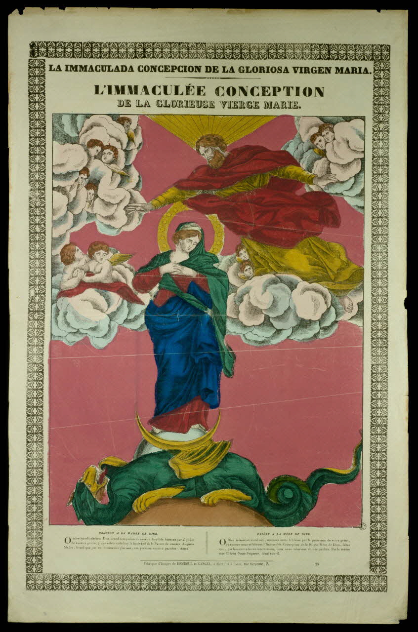 Dembour et Gangel estampe LA IMMACULADA CONCEPTION DE LA GLORIOSA VIRGEN MARIA.  L'IMMACULEE CONCEPTION  DE LA GLORIEUSE VIERGE MARIE. Lorraine, France 1840-1852 1953.86.129 Photo Mucem/Christophe Fouin