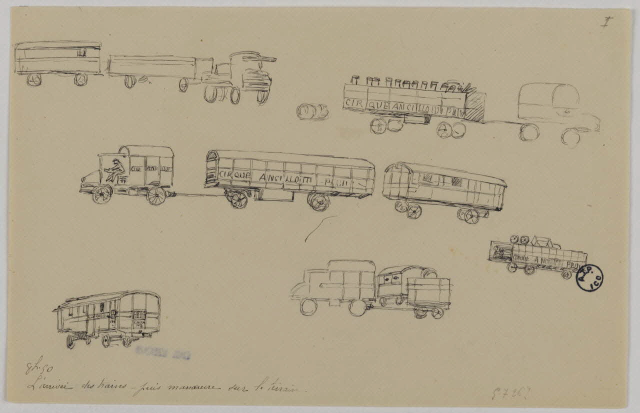 Marthe Vesque ; Juliette Vesque partie d'un ensemble de dessins Edification d'un chapiteau, arrivée des remorques le matin 1926 1968.102.214 Photo RMN-Grand Palais (Mucem)