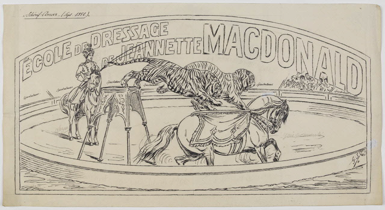 Gustave Soury dessin double face Projet d'affiche pour le cirque Amar et l'école de dressage de Jeannette Mac Donald 1952 1964.23.103 Photo RMN-Grand Palais (Mucem)