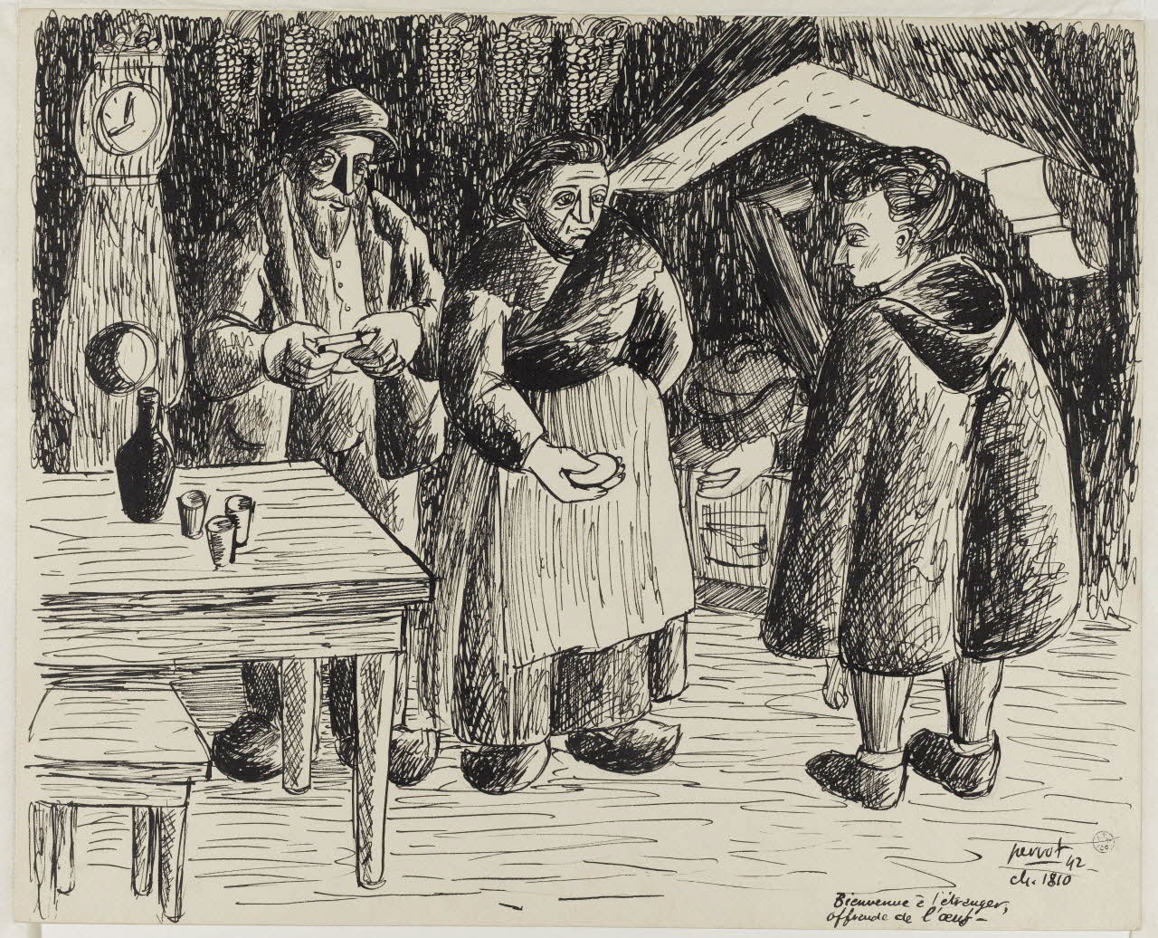 René Perrot dessin Bienvenue à l'étranger,  offrande de l'oeuf. Franche-Comté, France 1942 1943.4.49 Photo RMN-Grand Palais (Mucem)/ Franck Raux