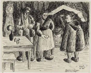 René Perrot dessin Bienvenue à l'étranger,  offrande de l'oeuf. Franche-Comté, France 1942 1943.4.49  Photo RMN-Grand Palais (Mucem)/ Franck Raux