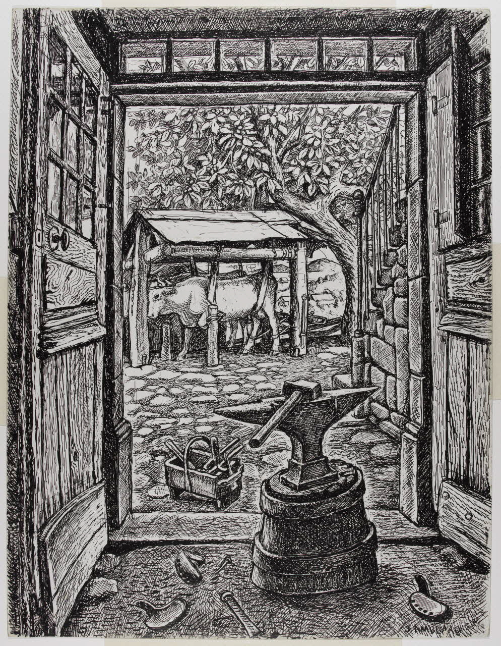 Jean Amblard dessin Ferrage de bovins à Rochefort-Montagne 1944 1944.3.20 Photo RMN-Grand Palais (Mucem)/ Franck Raux