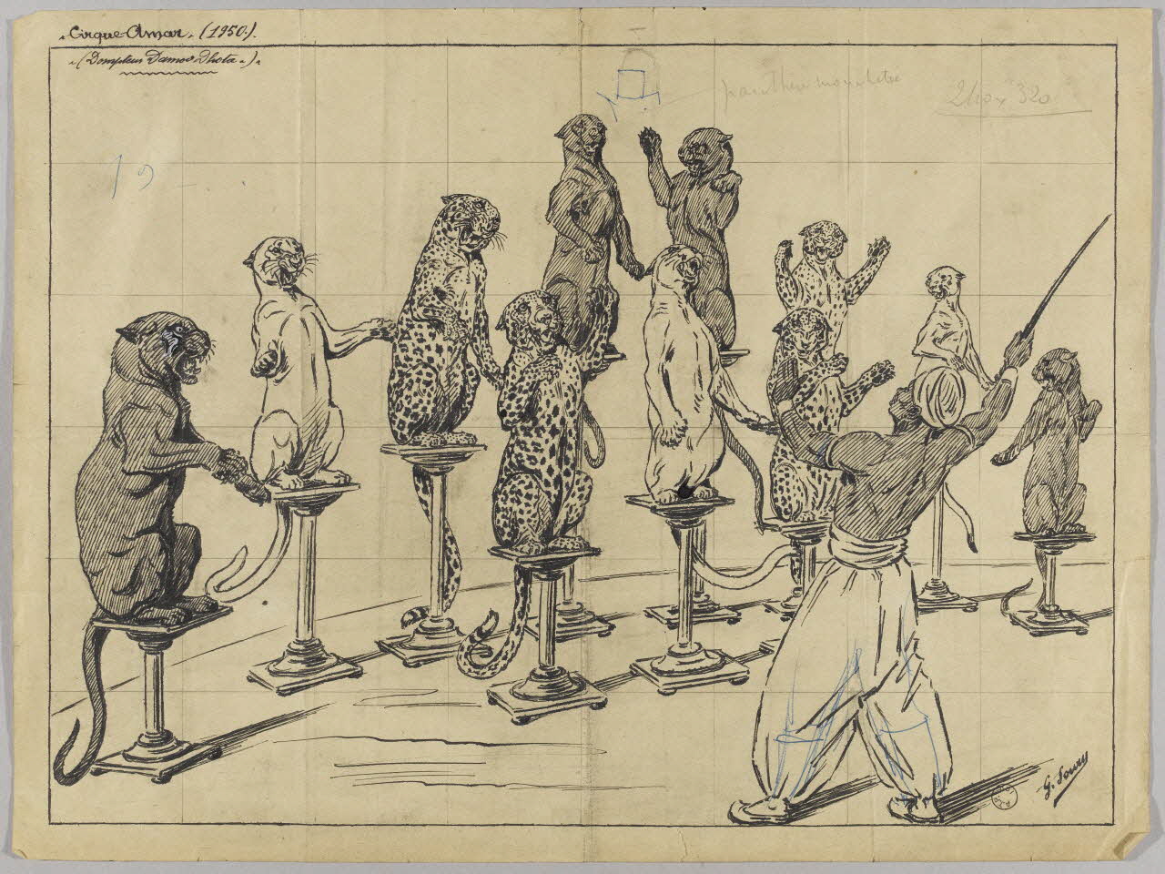 Gustave Soury dessin Dompteur noir et groupe de panthères 1950 1967.116.427 Photo RMN-Grand Palais (Mucem)