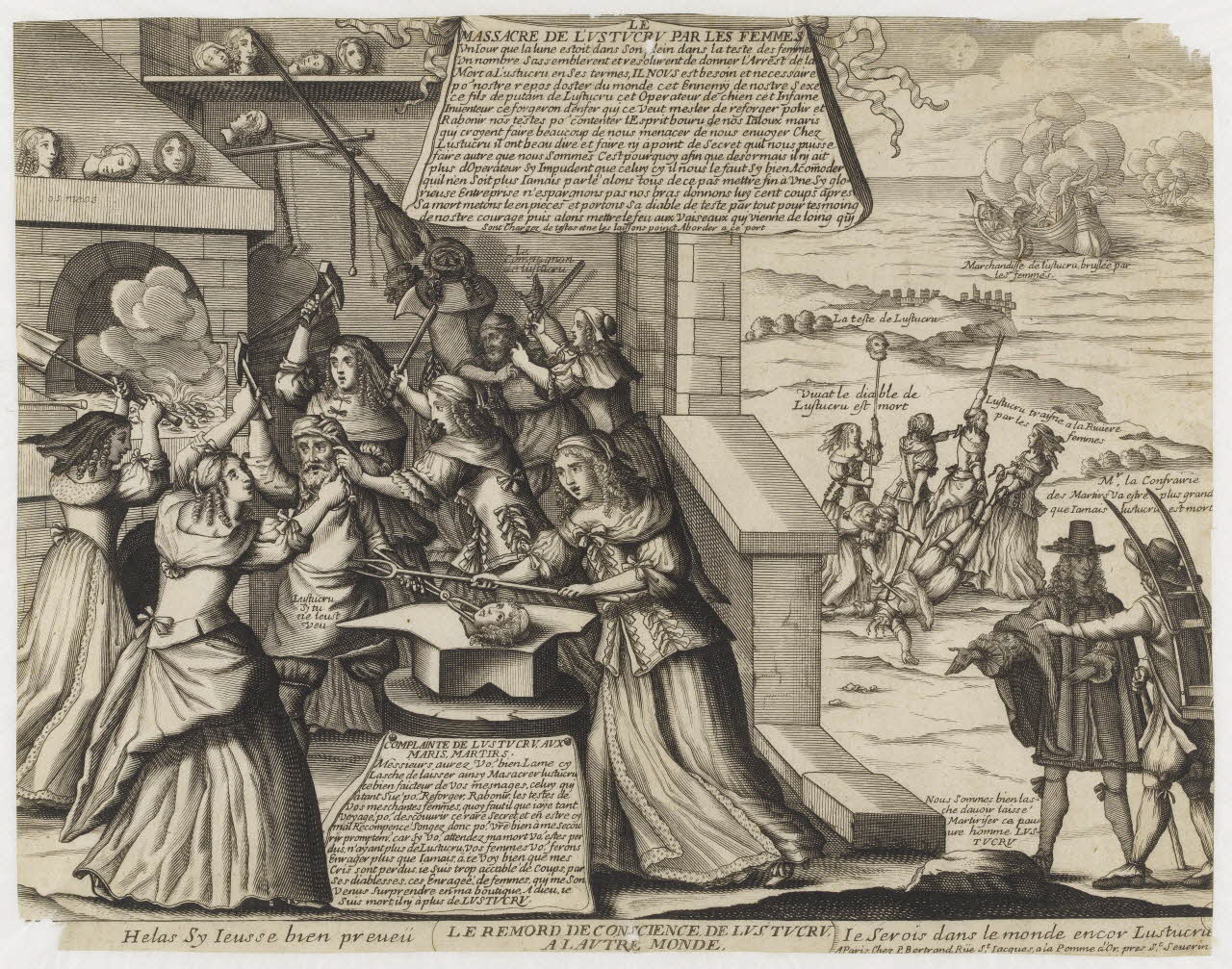 Bertrand Pierre imagerie ancienne MASSACRE DE LUSTUCRU PAR LES FEMMES  LE REMORD DE CONSCIENCE DE LUSTUCRU A LAUTRE [sic] MONDE Paris 1687-1726 1972.21.15 Photo RMN-Grand Palais (Mucem)