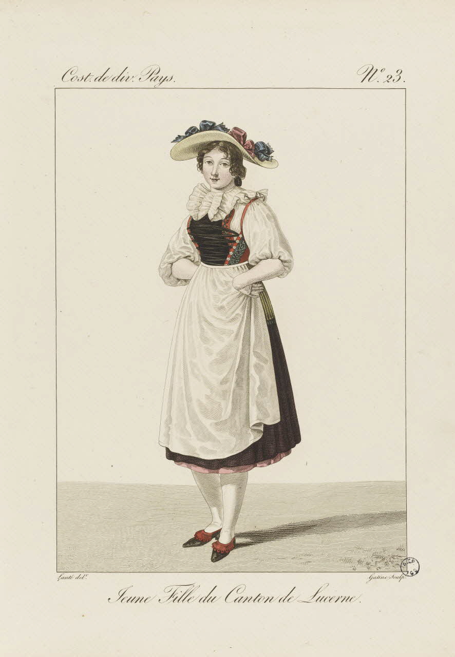 Louis-Marie Lanté ; Georges-Jacques Gatine estampe Jeune fille du canton de Lucerne. 1827 2005.14.23 Photo RMN-Grand Palais (Mucem)