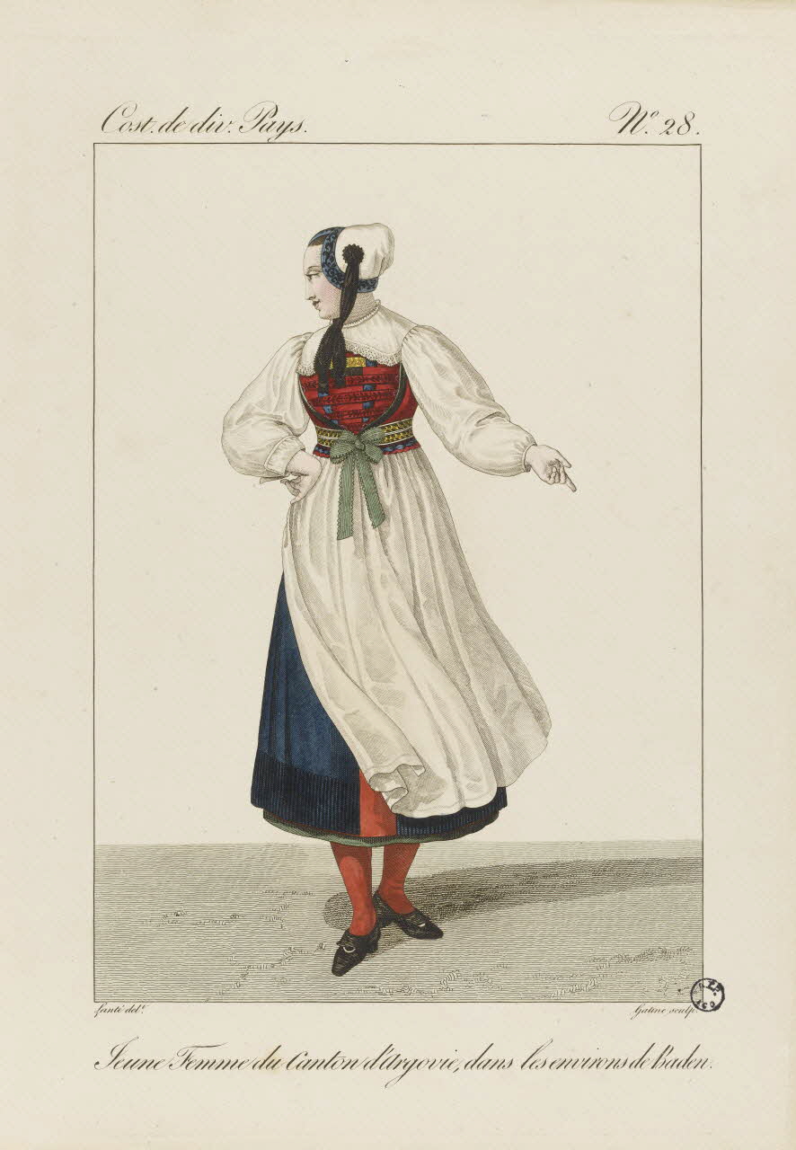 Louis-Marie Lanté ; Georges-Jacques Gatine estampe Jeune femme du canton d'Argovie, dans les environs de Baden. 1827 2005.14.28 Photo RMN-Grand Palais (Mucem)