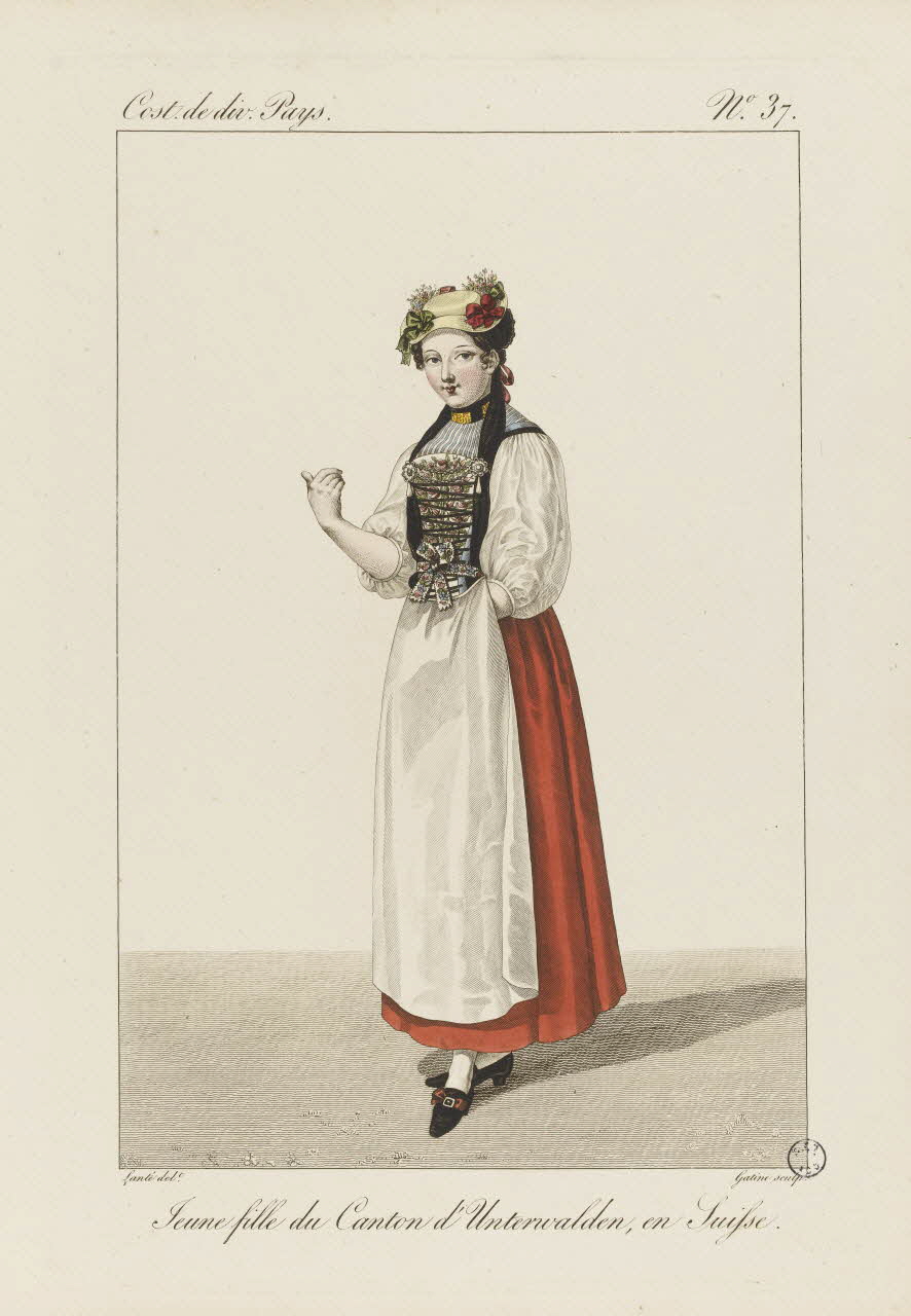 Louis-Marie Lanté ; Georges-Jacques Gatine estampe Jeune fille du Canton d'Unterwalden, en Suisse. 1827 2005.14.37 Photo RMN-Grand Palais (Mucem)