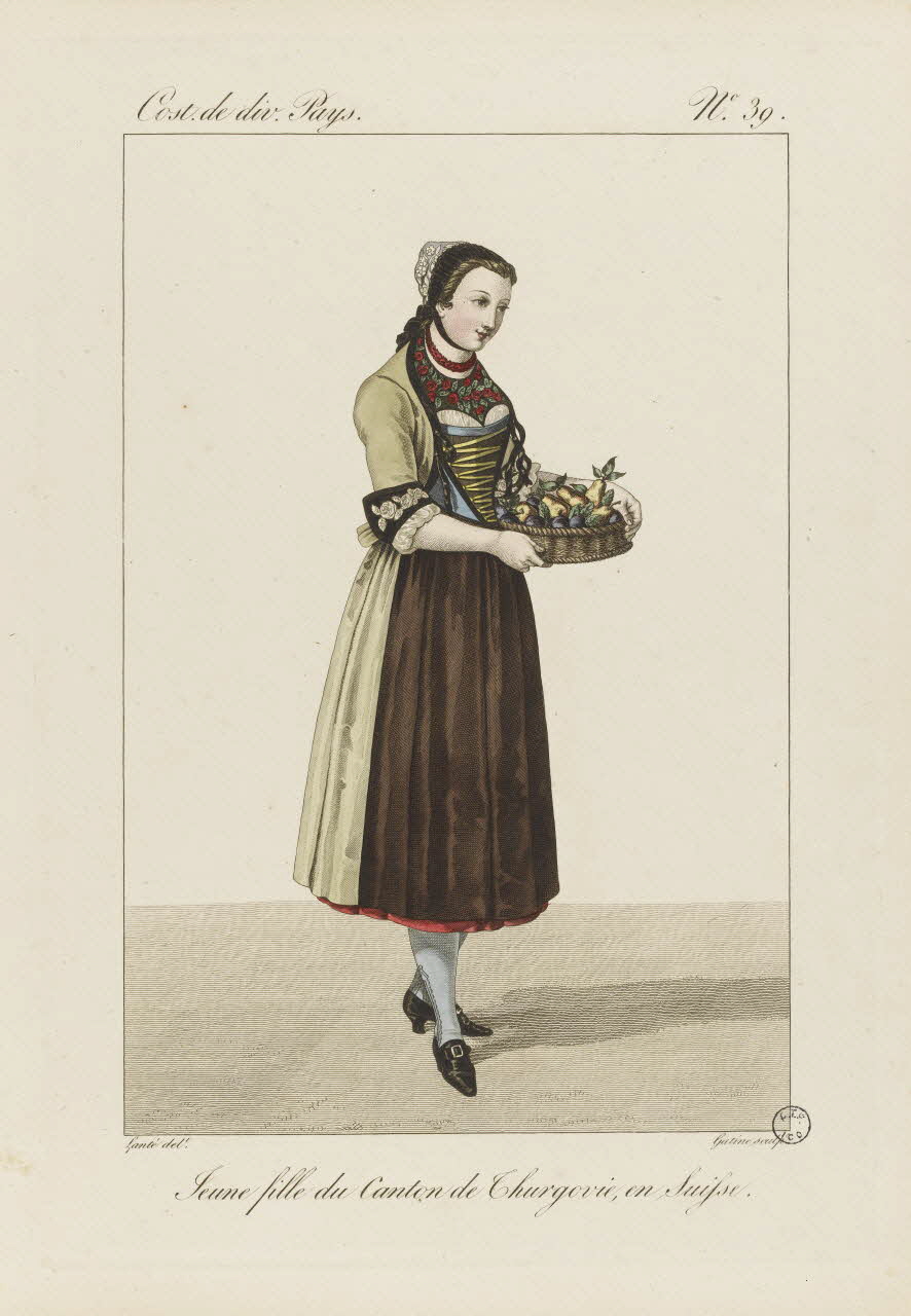 Louis-Marie Lanté ; Georges-Jacques Gatine estampe Jeune fille du Canton de Thurgovie, en Suisse. 1827 2005.14.39 Photo RMN-Grand Palais (Mucem)