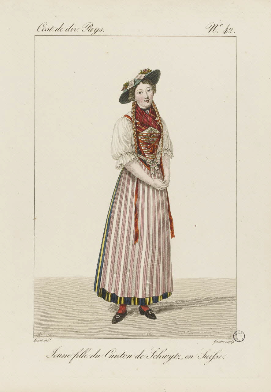 Louis-Marie Lanté ; Georges-Jacques Gatine estampe Jeune fille du Canton de Schwytz, en Suisse. 1827 2005.14.42 Photo RMN-Grand Palais (Mucem)
