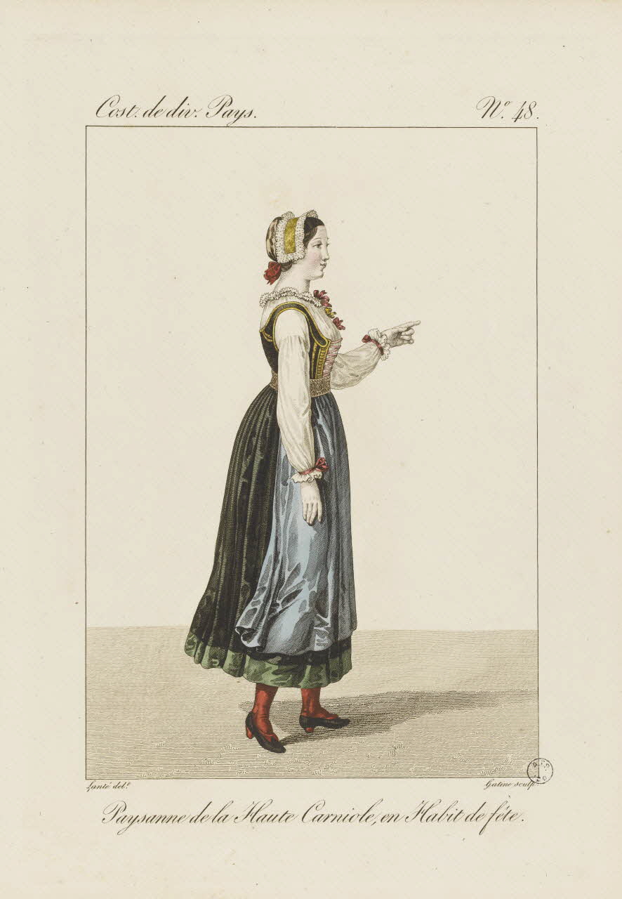 Louis-Marie Lanté ; Georges-Jacques Gatine estampe Paysanne de la Haute Carniole en Habit de fête. 1827 2005.14.48 Photo RMN-Grand Palais (Mucem)