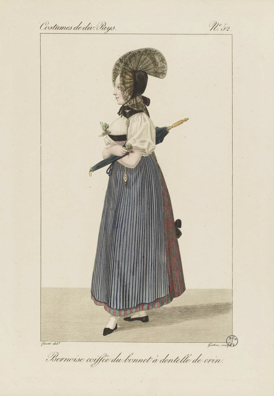 Louis-Marie Lanté ; Georges-Jacques Gatine estampe Bernoise coiffée du bonnet à dentelle de crin. 1827 2005.14.52 Photo RMN-Grand Palais (Mucem)/ Franck Raux