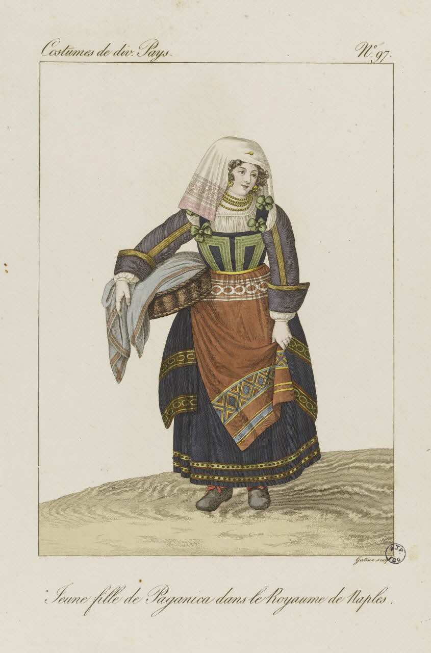 Louis-Marie Lanté ; Georges-Jacques Gatine estampe Jeune fille de Paganica dans le Royaume de Naples. 1827 2005.14.97 Photo RMN-Grand Palais (Mucem)