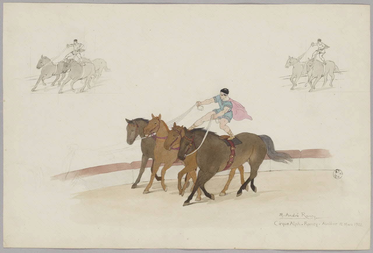 Marthe Vesque ; Juliette Vesque album Numéro de cirque : André Rancy et ses chevaux, à droite et à gauche deux esquisses du même sujet Asnières 1922 1962.67.73 Photo RMN-Grand Palais (Mucem)