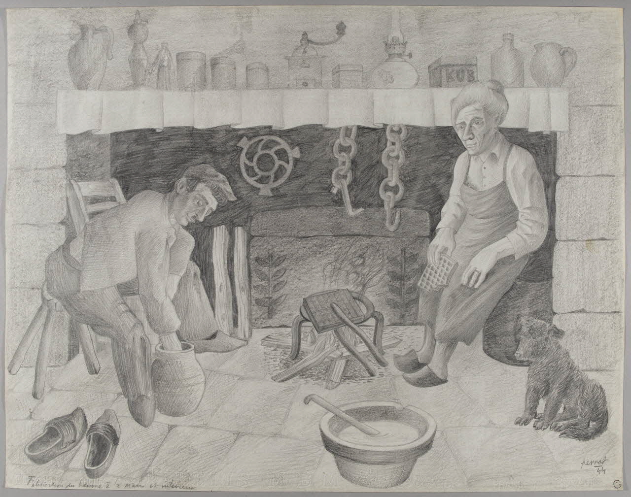 René Perrot dessin Fabrication du beurre à la main et intérieur Auvergne, France 1944 1944.10.63 Photo RMN-Grand Palais (Mucem)/ Franck Raux