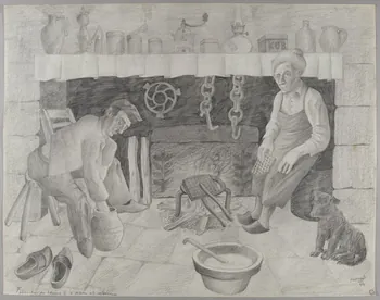 René Perrot dessin Fabrication du beurre à la main et intérieur Auvergne, France 1944 1944.10.63 Photo RMN-Grand Palais (Mucem)/ Franck Raux